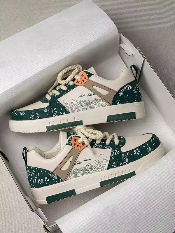 (Size Runs Small) Men's Stylish Random Graffiti Print Lace-Up Casual Sneakers, Versatile Patchwork Outdoor Sports Shoes, Couples Shoe, Perfect With Sports Jeans Look