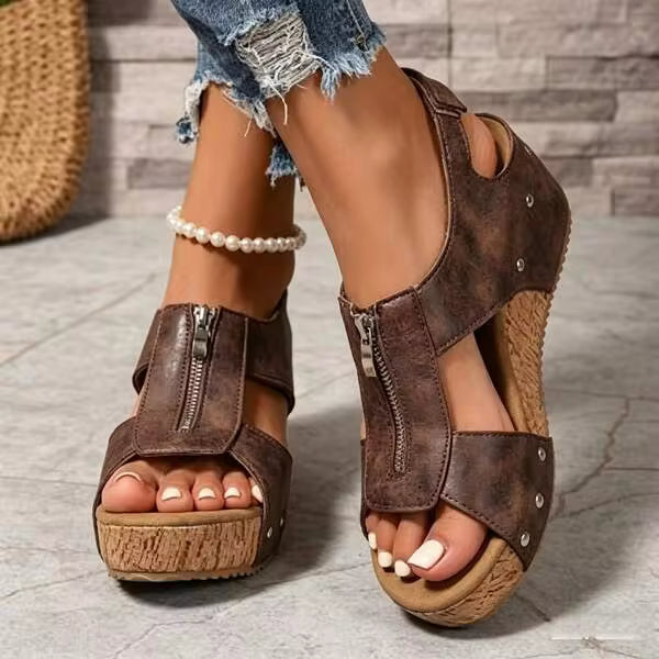 Women's New Retro Wedge Heel Sandals With Zipper, Platform Heightening Casual Shoes, Comfortable Vacation Style, Fashionable Boho Sandals